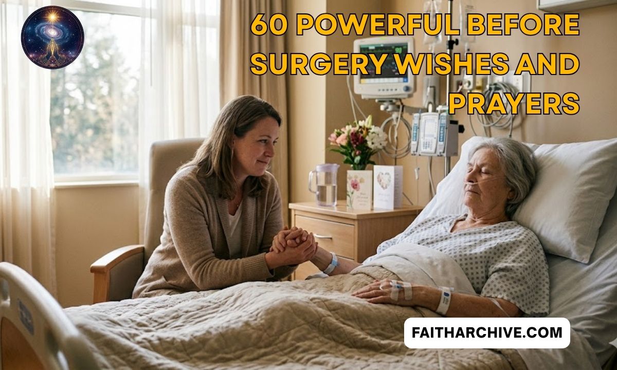 Woman holding an elderly patient’s hand in a hospital room with text overlay “60 Powerful Before Surgery Wishes and Prayers” and faitharchive.com logo.