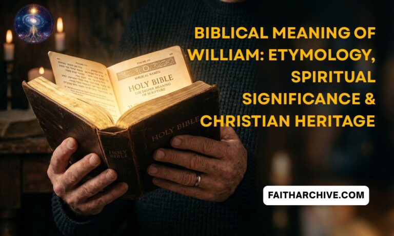 Person holding an open Holy Bible in a dimly lit setting with candles in the background. Large yellow text reads ‘Biblical Meaning of William: Etymology, Spiritual Significance & Christian Heritage’ with FaithArchive.com branding in the corner.