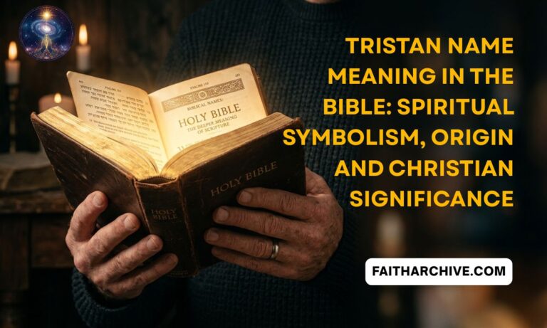 A person holding an open Holy Bible in a dimly lit room with candles in the background. Bold yellow text on the right reads “Tristan Name Meaning in the Bible: Spiritual Symbolism, Origin and Christian Significance,” with FaithArchive.com displayed at the bottom.