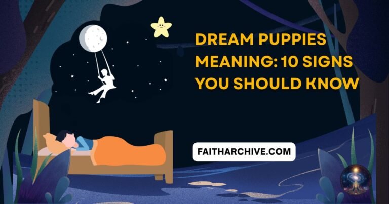 Dream puppies meaning illustration showing a person sleeping under a moonlit sky, symbolizing dream interpretation, new beginnings, innocence, loyalty, and spiritual guidance.