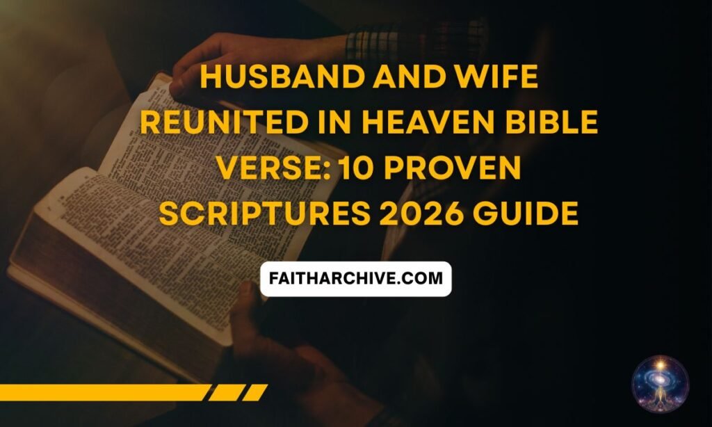 husband and wife reunited in heaven bible verse illustration with open Bible and sunrise