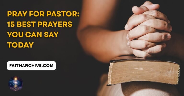 Pray for pastor image with folded hands on a Bible, representing prayers for strength, wisdom, protection, and God's guidance.