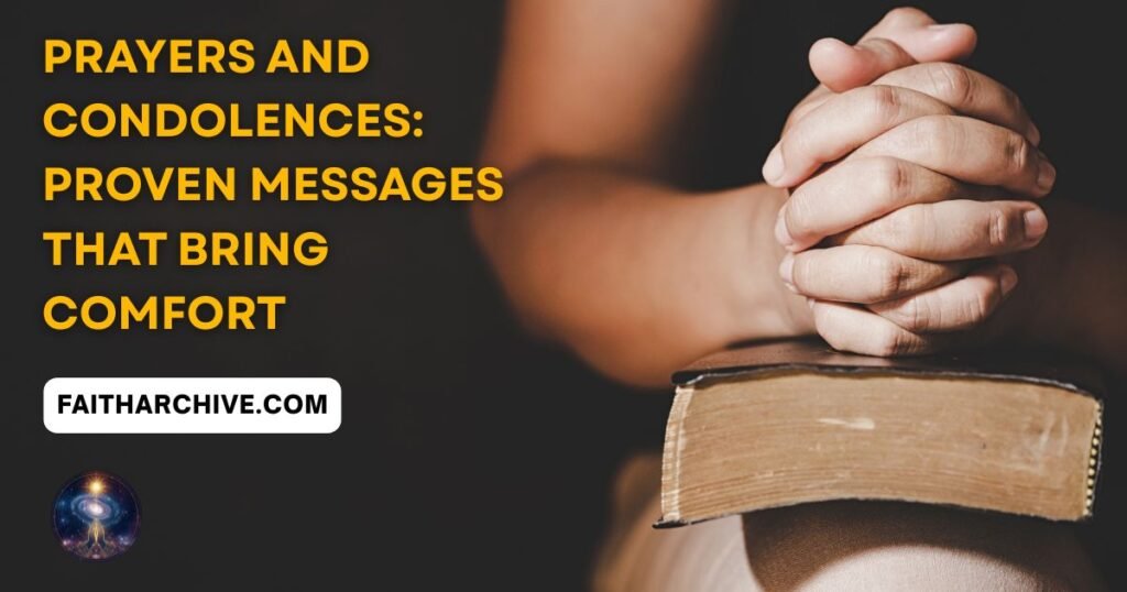 Current image: Prayers and condolences with folded hands on a Bible offering comfort, sympathy, faith, and hope during times of loss.