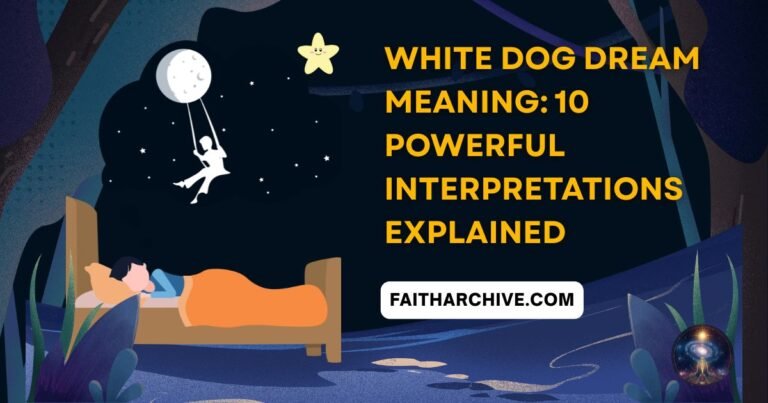 White dog dream meaning illustration showing a person sleeping under a moonlit sky, symbolizing dream interpretation, spiritual guidance, and subconscious messages.