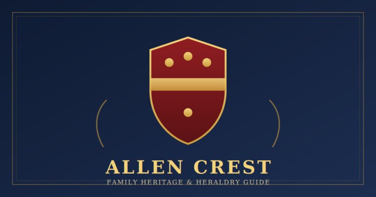 Allen Crest heraldic shield illustration on a navy background with gold border