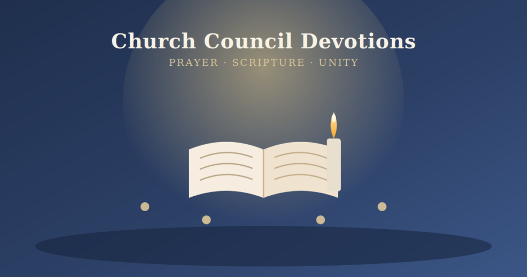 Current image: Devotions for church council meetings — open Bible and lit candle on a meeting table