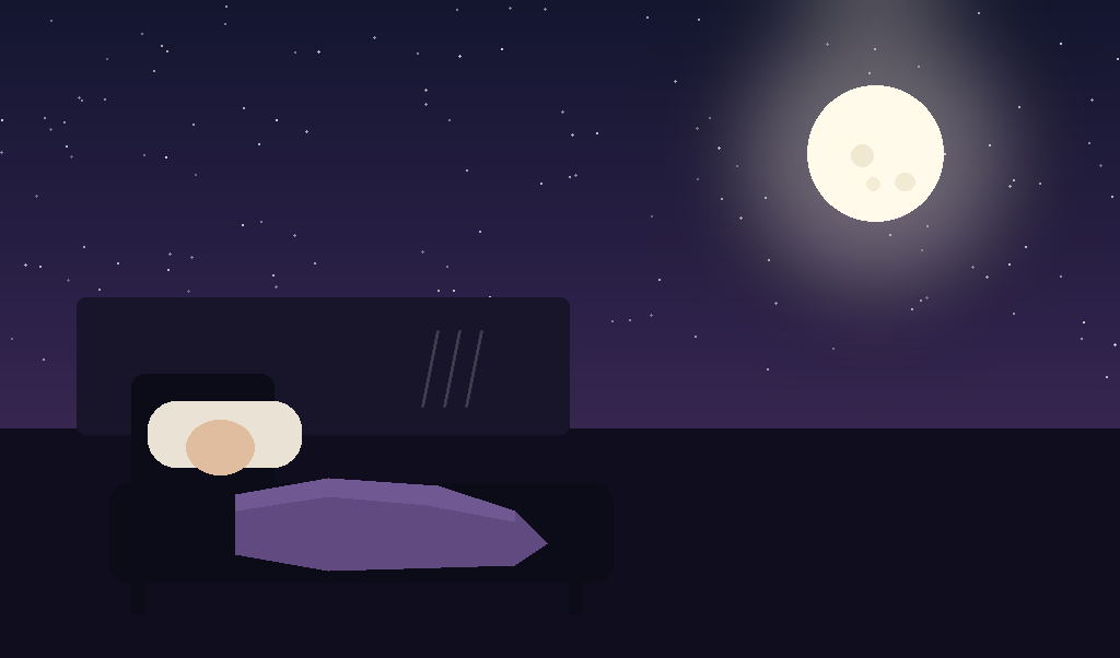 Person waking up with scratches on their arm shown in a calm moonlit bedroom illustration