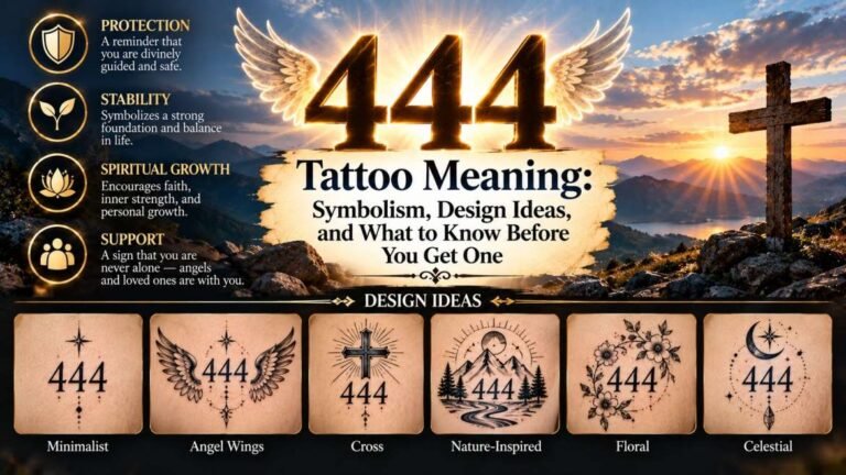 444 tattoo meaning infographic showing spiritual symbolism, protection, stability, manifestation, love and support, with popular minimalist, angel wing, nature, celestial, floral, geometric, script and compass tattoo design ideas.