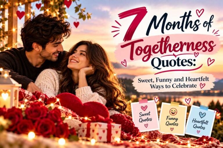 Smiling couple celebrating seven months together at sunset with roses, fairy lights, heart decorations, and text reading “7 Months of Togetherness Quotes.