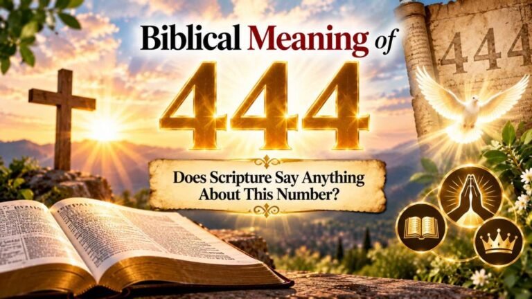Glowing number 444 beside an open Bible, wooden cross, dove, and praying hands, illustrating the biblical meaning of 444 and whether Scripture mentions this number.