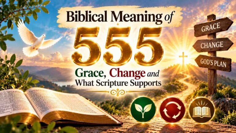 Glowing number 555 beside an open Bible, dove, cross, and scenic path, symbolizing grace, change, and the biblical meaning of 555.