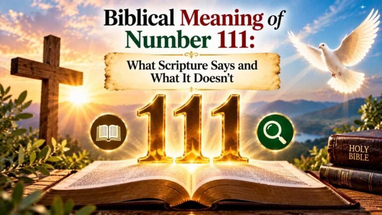 Glowing number 111 above an open Bible with a wooden cross, dove, and Holy Bible books, illustrating the biblical meaning of 111 and what Scripture says about the number.