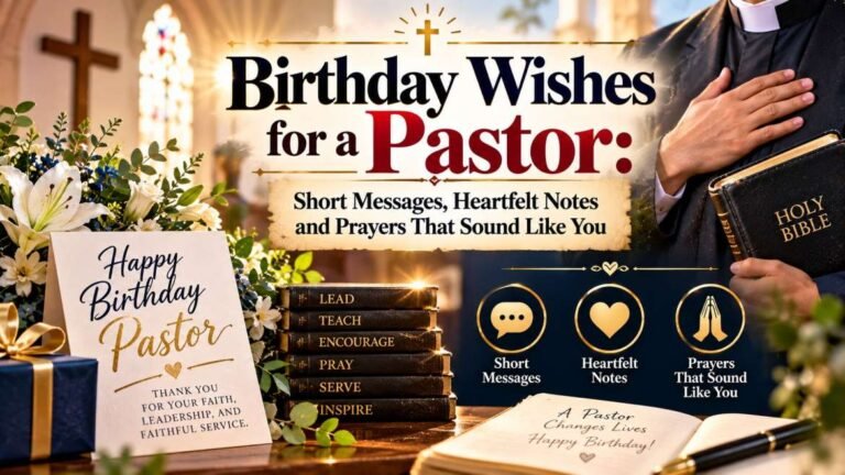 Birthday wishes for a pastor featuring a church, cross, Holy Bible, flowers, gift, and prayer symbols, representing short messages, heartfelt notes, and birthday prayers.