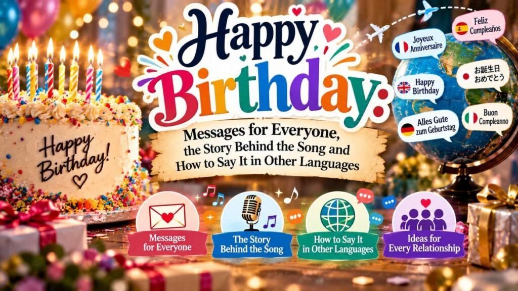Current image: Colorful Happy Birthday celebration with a birthday cake, candles, gifts, music notes, and a globe showing birthday greetings in multiple languages.