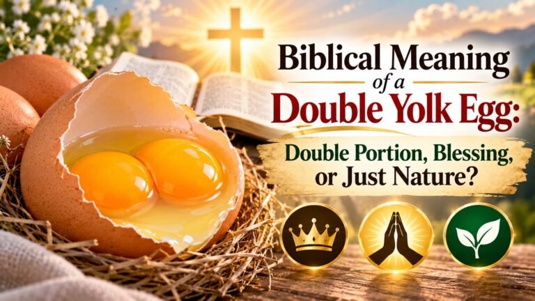 Double-yolk egg beside an open Bible and glowing cross, symbolizing the biblical meaning of a double yolk egg, double portion, blessing, and nature.