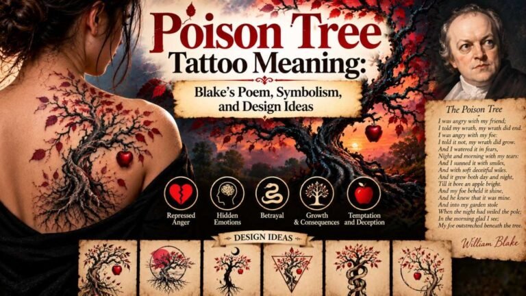 `Poison Tree tattoo with a twisted tree, red leaves and apple, alongside William Blake and his poem, symbolizing repressed anger, hidden emotions, betrayal, growth, and consequences.`