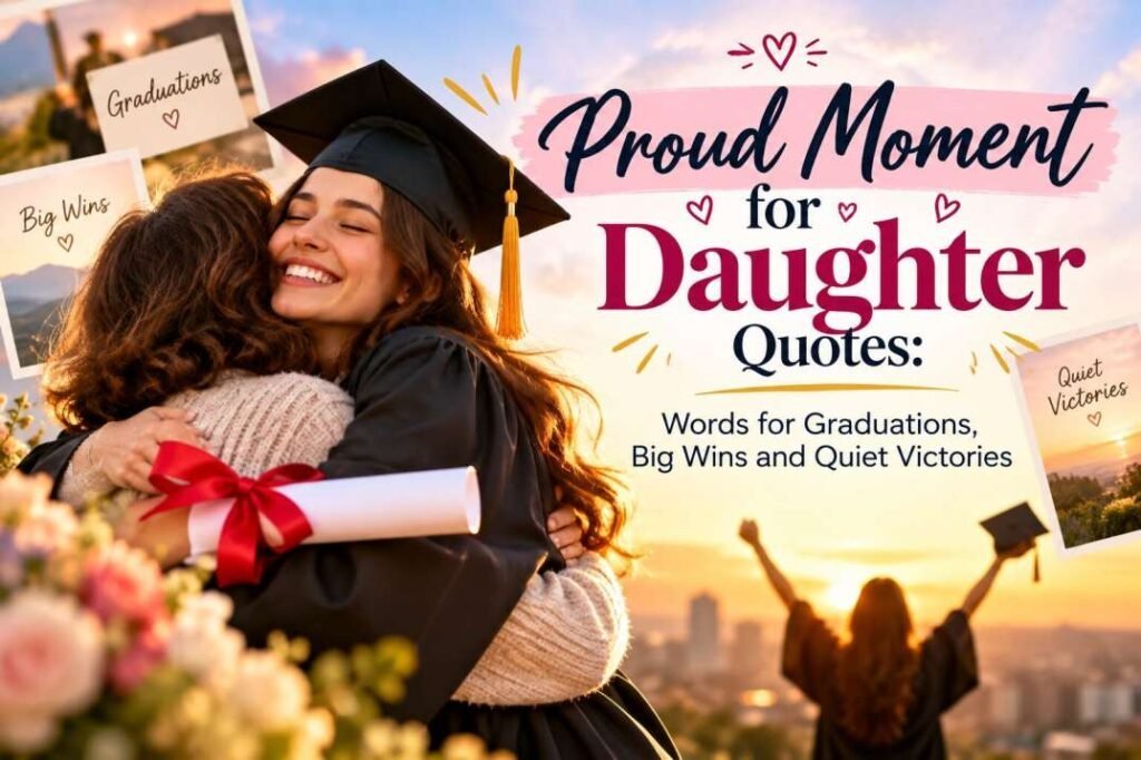 Current image: Proud mother embracing her daughter in a graduation cap and gown, with a diploma and warm sunset background, alongside the title “Proud Moment for Daughter Quotes.