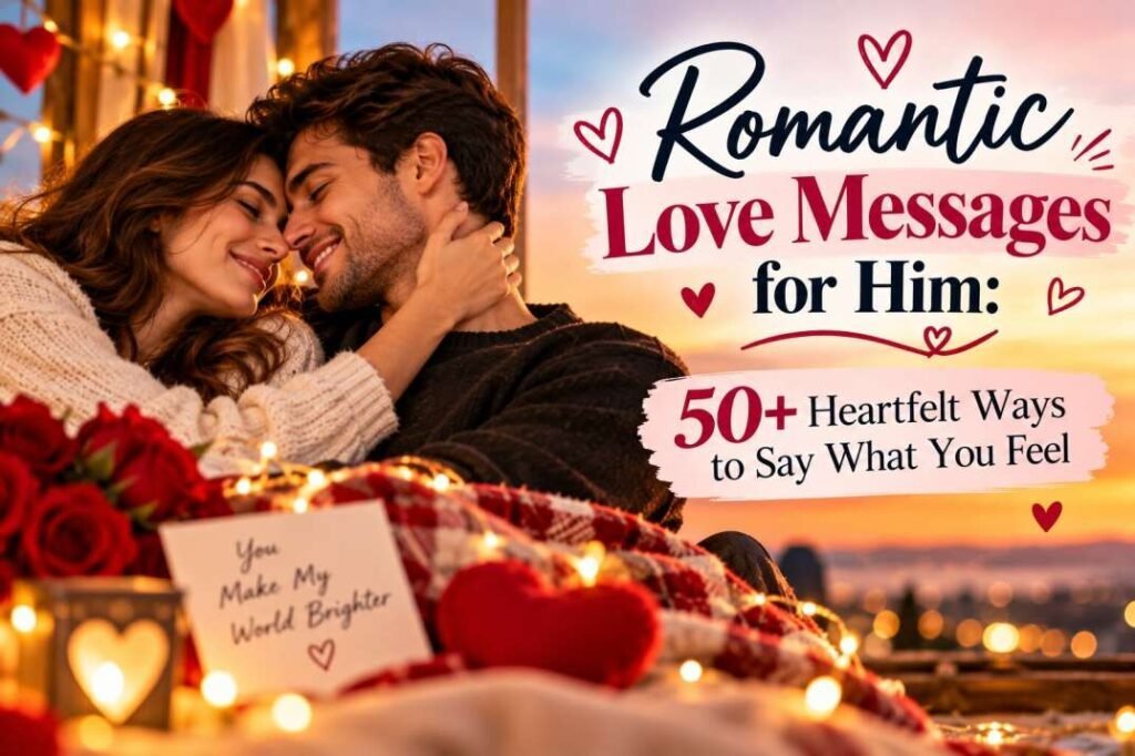 Current image: Romantic couple embracing by candlelight and roses, with text reading “Romantic Love Messages for Him: 50+ Heartfelt Ways to Say What You Feel.