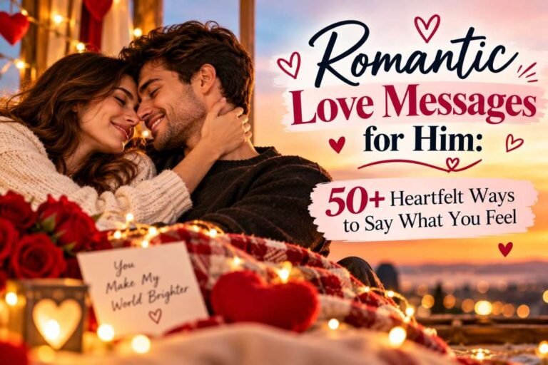 Romantic couple embracing by candlelight and roses, with text reading “Romantic Love Messages for Him: 50+ Heartfelt Ways to Say What You Feel.