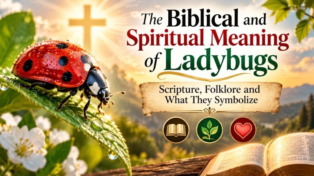 Current image: Red ladybug on a green leaf beside an open Bible and glowing cross, symbolizing the biblical and spiritual meaning of ladybugs, scripture, folklore, and spiritual symbolism.