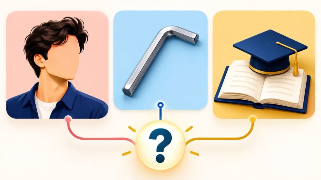 Current image: Three icons showing a person, a hex key and a book, representing the different meanings of Allen