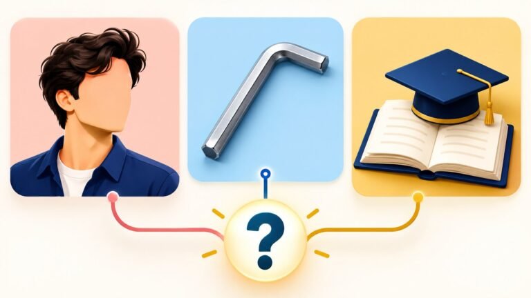 Three icons showing a person, a hex key and a book, representing the different meanings of Allen