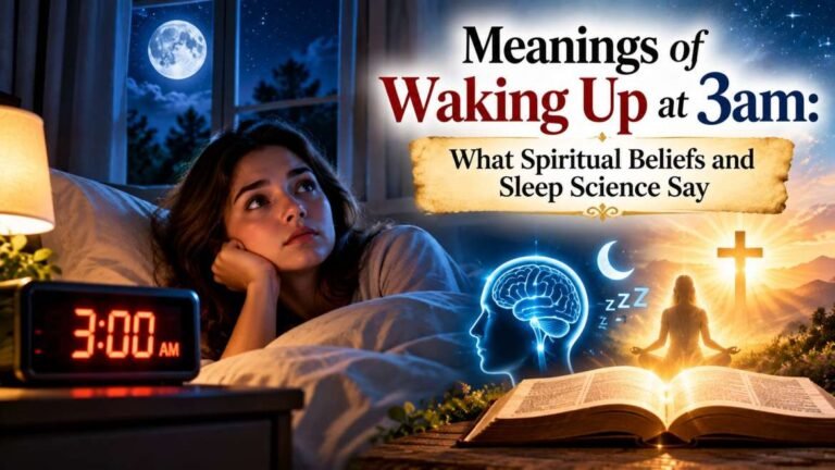 Woman awake at 3 AM with a glowing clock, moonlit bedroom, open Bible, meditation figure, and brain icon, representing spiritual beliefs and sleep science about waking up at 3 AM.